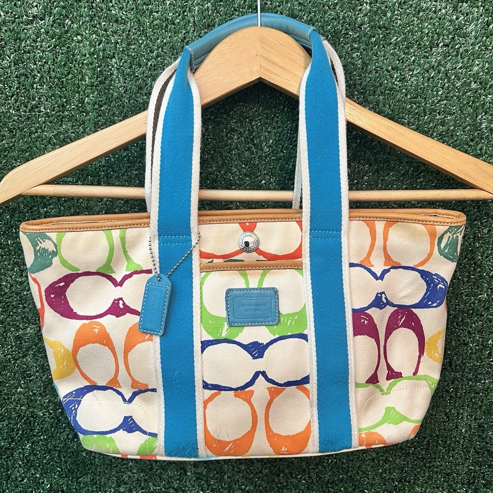 Vintage 2004 Coach 5630 Hamptons Weekend Scribble Tote Y2K Multicolor Blue